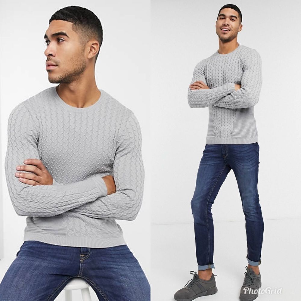 ASOS DESIGN muscle fit lightweight cable Crewneck Sweater in gray